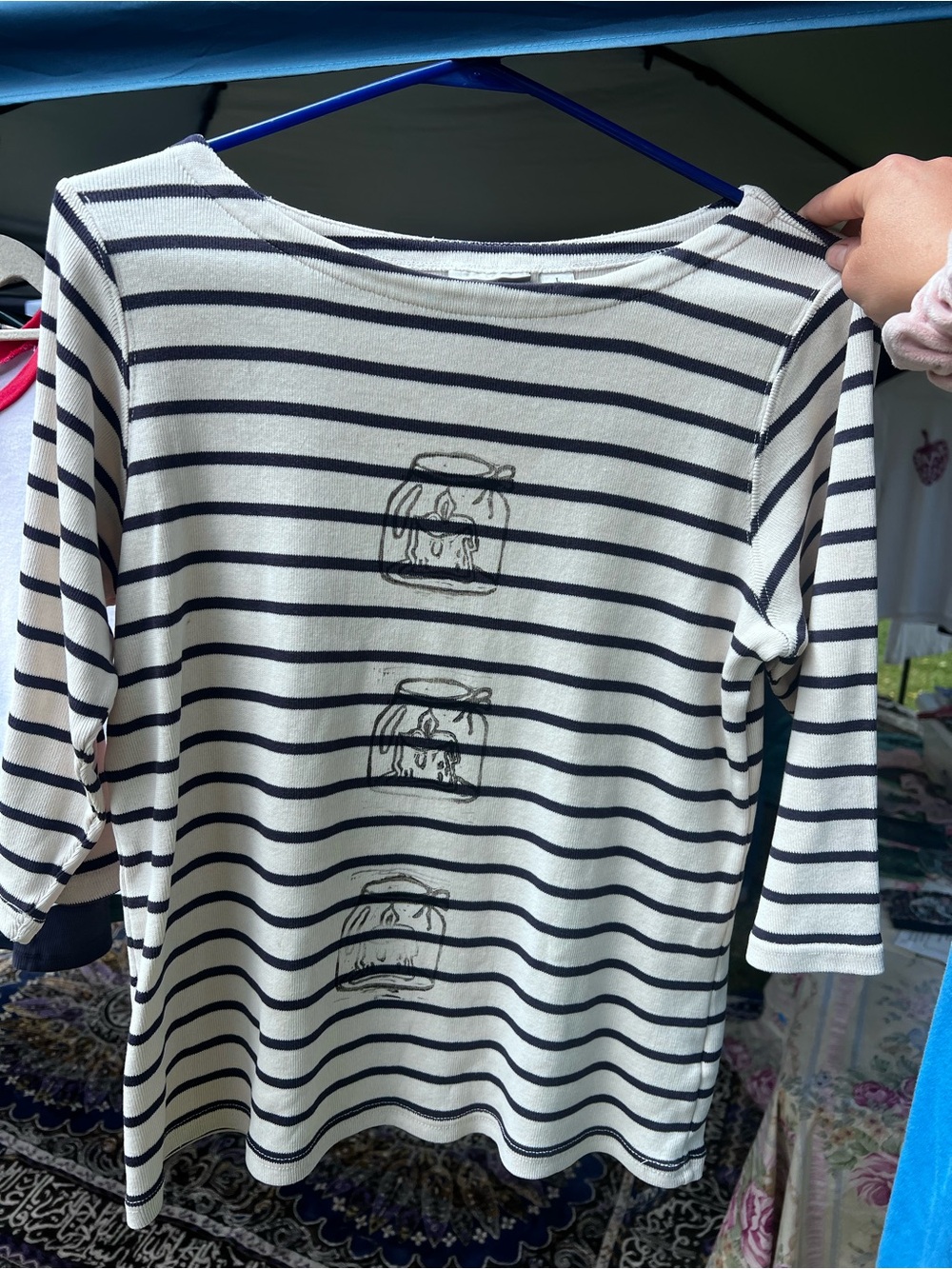 L.L. Bean Cream and Navy Striped Long-Sleeve Boatneck Top